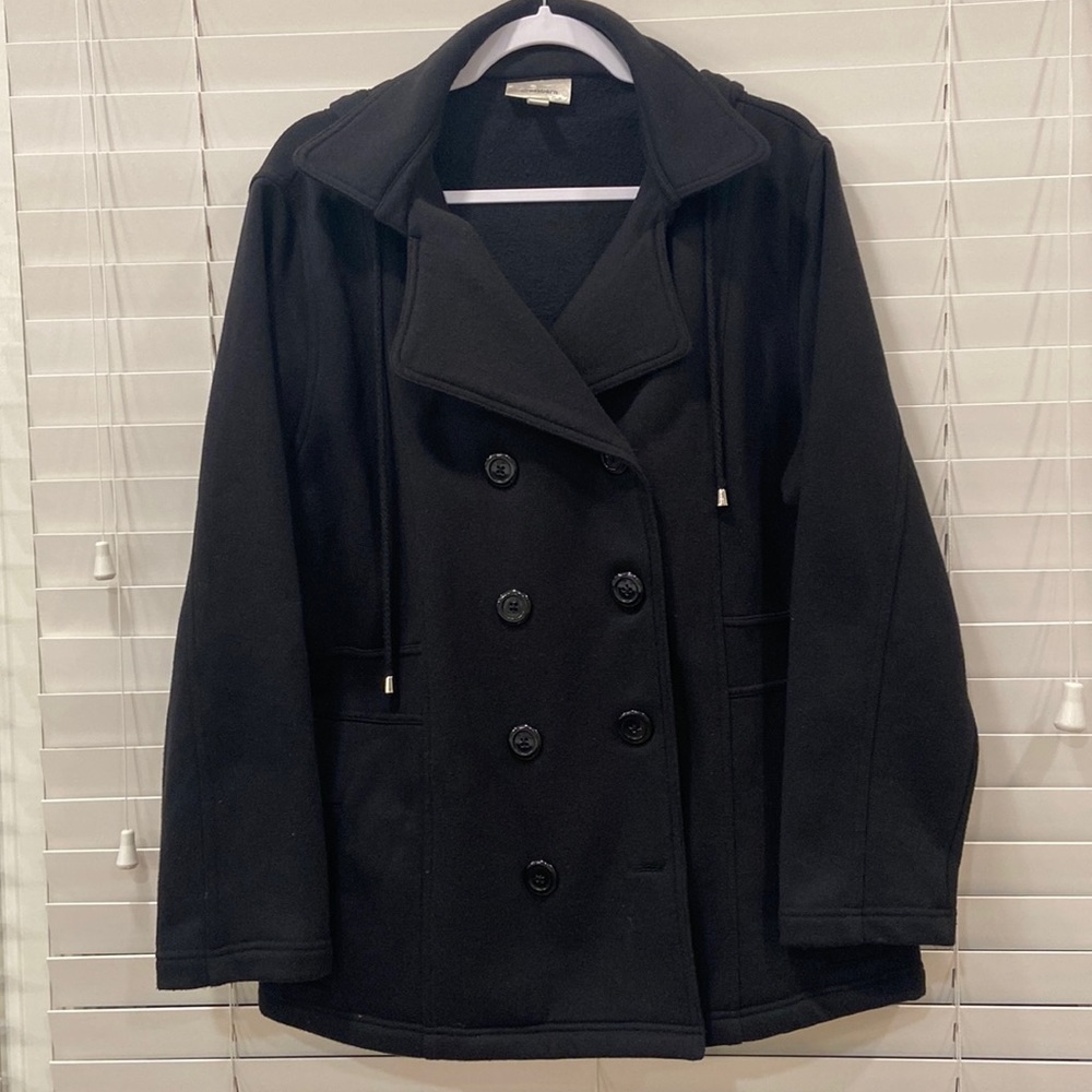 Dressbarn Woman Navy Double Breasted Coat with Hood and Front Pockets sz.18/20